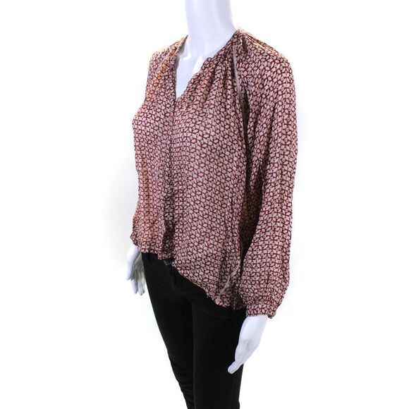 Charlie Joe Womens Long Sleeve Y Neck Chiffon Top Blouse Red Ivory Size XS - Picture 2 of 5